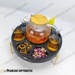 مزه و دمنوش خوری سنگی پایه میخی با جای وارمر سنگ مشکی خط سفید