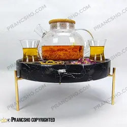 مزه و دمنوش خوری سنگی پایه میخی با جای وارمر سنگ مشکی خط سفید