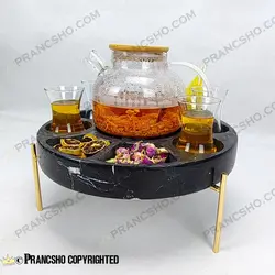 مزه و دمنوش خوری سنگی پایه میخی با جای وارمر سنگ مشکی خط سفید