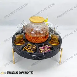 مزه و دمنوش خوری سنگی پایه میخی با جای وارمر سنگ مشکی خط سفید