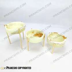 ست سه عددی شکلات خوری سنگی با پایه میخی طلایی سنگ مرمر نباتی قهوه‌ای