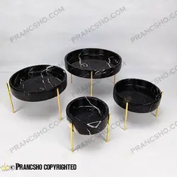 ست پذیرایی استوانه‌ای سنگی با پایه میخی طلایی سنگ مشکی خط سفید