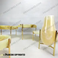 ست ظروف پذیرایی سنگی پایه میخی طلایی سنگ مرمر نباتی قهوه‌ای