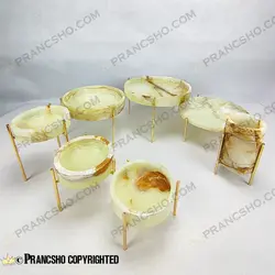 ست ظروف پذیرایی سنگی پایه میخی طلایی سنگ مرمر نباتی قهوه‌ای