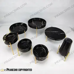 ست ظروف پذیرایی سنگی پایه میخی طلایی سنگ مشکی خط سفید