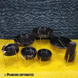 ست ظروف پذیرایی سنگی پایه میخی طلایی سنگ مشکی خط سفید