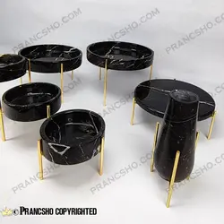 ست ظروف پذیرایی سنگی پایه میخی طلایی سنگ مشکی خط سفید