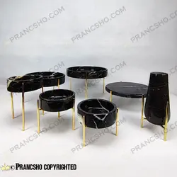 ست ظروف پذیرایی سنگی پایه میخی طلایی سنگ مشکی خط سفید