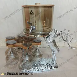 کلمن بار چرخان 6 نفره طرح گوزن نقره‌ای ایستاده با گیلاس (جام) و شات شامپاینی