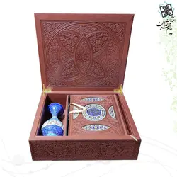 قرآن وزیری گلاسه چرم با گلدان مینا