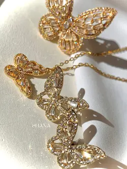 ست گوشواره  و‌گردنبند پروانه ای جواهری میخ نقره دخترانه