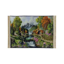 تابلو فرش طرح کلبه چوبی و جویبار آب کد 40