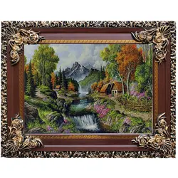 تابلو فرش طرح کلبه چوبی و جویبار آب کد 40