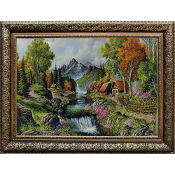 تابلو فرش طرح کلبه چوبی و جویبار آب کد 40
