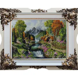 تابلو فرش طرح کلبه چوبی و جویبار آب کد 40