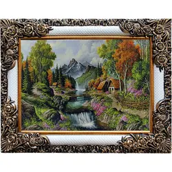 تابلو فرش طرح کلبه چوبی و جویبار آب کد 40