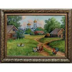 تابلو فرش طرح مرغ و خروس روستای جنگلی کد 4703