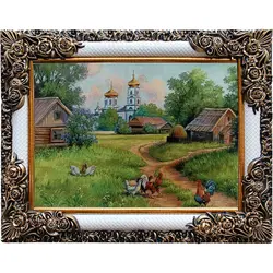 تابلو فرش طرح مرغ و خروس روستای جنگلی کد 4703