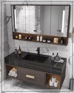 روشویی سرامیک مشکی و کابین طرح چوب 120*40