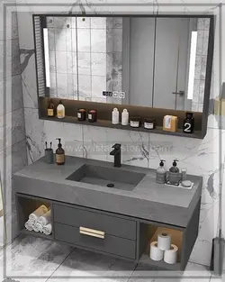 روشویی سرامیک مشکی و کابین طرح چوب 120*40