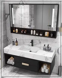 روشویی سرامیک مشکی و کابین طرح چوب 120*40