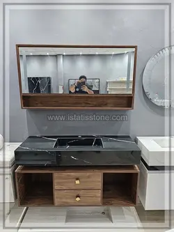 روشویی سرامیک مشکی و کابین طرح چوب روشن 120*40  CEC360-2