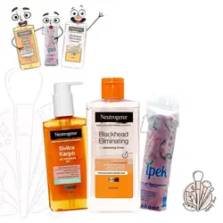 پکیج مراقبتی پوست چرب ژل شستشوی و تونر ضدجوش نوتروژینا اصل (فرانسه) و پد آرایشی ایپک