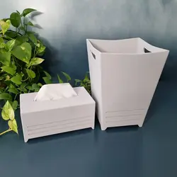 سطل و جا دستمال کاغذی چوبی سفید