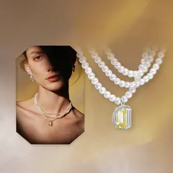 گردنبند مروارید پرورشی اصل و سنگ زرد نقره N833