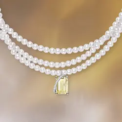 گردنبند مروارید پرورشی اصل و سنگ زرد نقره N833