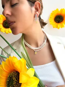 گردنبند مروارید پرورشی اصل و سنگ زرد نقره N833