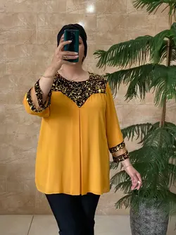 شومیز سایز بزرگ زنانه کرپ حریر، یقه و آستین پولک مدل جدید ونیزیا Ronakshop