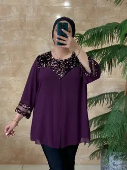 شومیز سایز بزرگ زنانه کرپ حریر، یقه و آستین پولک مدل جدید ونیزیا Ronakshop