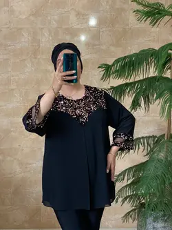 شومیز سایز بزرگ زنانه کرپ حریر، یقه و آستین پولک مدل جدید ونیزیا Ronakshop