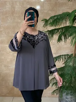 شومیز سایز بزرگ زنانه کرپ حریر، یقه و آستین پولک مدل جدید ونیزیا Ronakshop