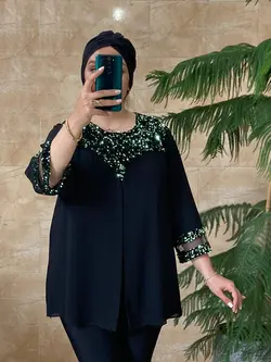 شومیز سایز بزرگ زنانه کرپ حریر، یقه و آستین پولک مدل جدید ونیزیا Ronakshop