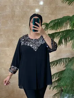 شومیز سایز بزرگ زنانه کرپ حریر، یقه و آستین پولک مدل جدید ونیزیا Ronakshop