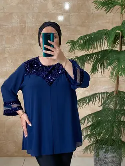 شومیز سایز بزرگ زنانه کرپ حریر، یقه و آستین پولک مدل جدید ونیزیا Ronakshop