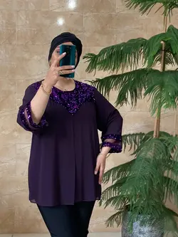 شومیز سایز بزرگ زنانه کرپ حریر، یقه و آستین پولک مدل جدید ونیزیا Ronakshop