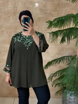 شومیز سایز بزرگ زنانه کرپ حریر، یقه و آستین پولک مدل جدید ونیزیا Ronakshop