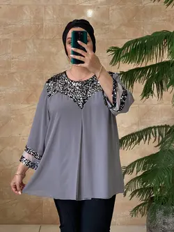 شومیز سایز بزرگ زنانه کرپ حریر، یقه و آستین پولک مدل جدید ونیزیا Ronakshop