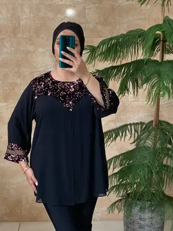 شومیز سایز بزرگ زنانه کرپ حریر، یقه و آستین پولک مدل جدید ونیزیا Ronakshop