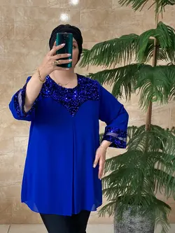 شومیز سایز بزرگ زنانه کرپ حریر، یقه و آستین پولک مدل جدید ونیزیا Ronakshop