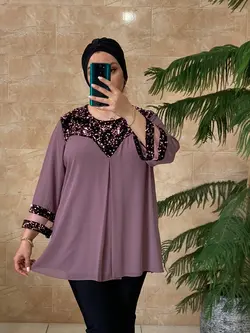 شومیز سایز بزرگ زنانه کرپ حریر، یقه و آستین پولک مدل جدید ونیزیا Ronakshop