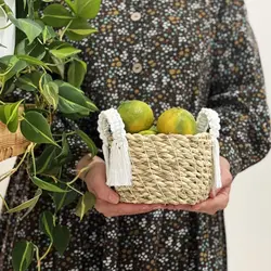 سبد حصیری مدل دسته مکرومه بافی