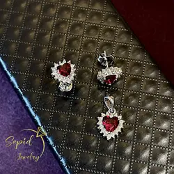 نیم‌ست نقره قلب جواهری با تخمه قرمز سنتتیک