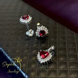 نیم‌ست نقره قلب جواهری با تخمه قرمز سنتتیک