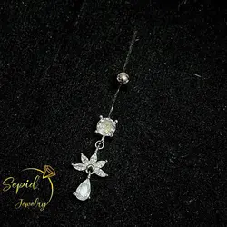 پیرسینگ نقره ناف تخمه برلیان با آویزهای گلبرگ و اشک