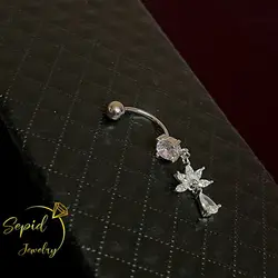 پیرسینگ نقره ناف تخمه برلیان با آویزهای گلبرگ و اشک