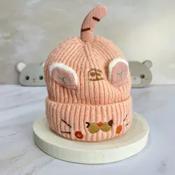 کلاه بافتنی کاموایی زمستانی گرم کودک و نوزاد طرح دار عروسکی